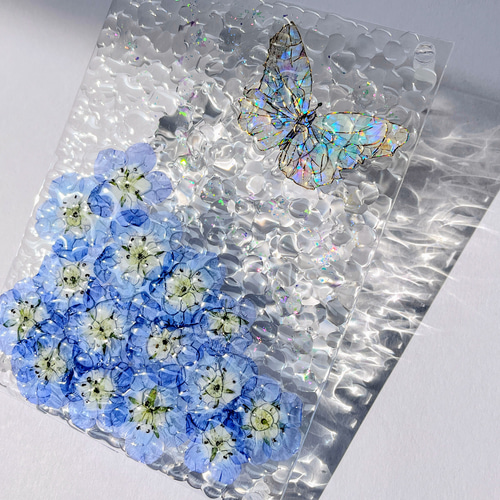 ネモフィラのオーロラ蝶の花畑オブジェ / ドライフラワー / バタフライ