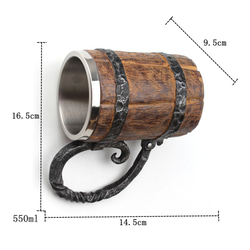 マグカップ ビアジョッキ シミュレーション木製の樽二重層ビールジョッキ、木製バレルビールジョッキ550ml 2枚目の画像