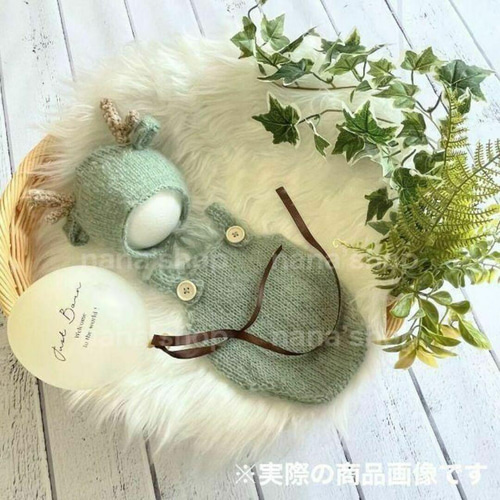 3ヶ月用緑♪辰耳帽子とオーバーオールたつニューボーンフォト衣装ボンネット 3ヶ月用緑♪辰耳帽子とオーバーオールたつニューボーンフォト
