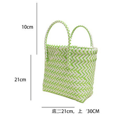 かごバッグ トートバッグ 手作りハンドバッグ かわいい旅行ビーチ サマーバッグ 編みバッグ四角 緑と白のストライプ大容量 2枚目の画像