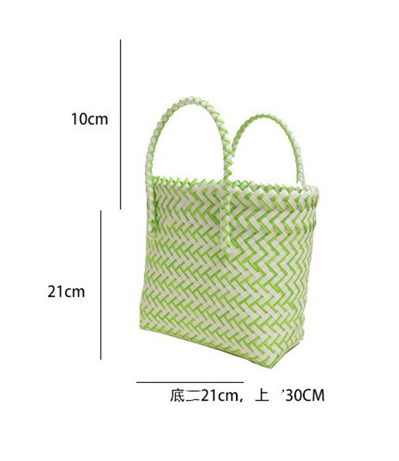 かごバッグ トートバッグ 手作りハンドバッグ かわいい旅行ビーチ サマーバッグ 編みバッグ四角 緑と白のストライプ大容量 2枚目の画像