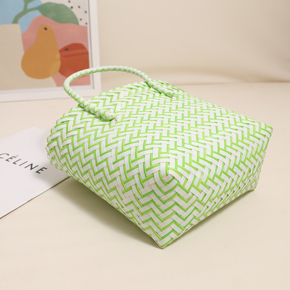 かごバッグ トートバッグ 手作りハンドバッグ かわいい旅行ビーチ サマーバッグ 編みバッグ四角 緑と白のストライプ大容量 4枚目の画像