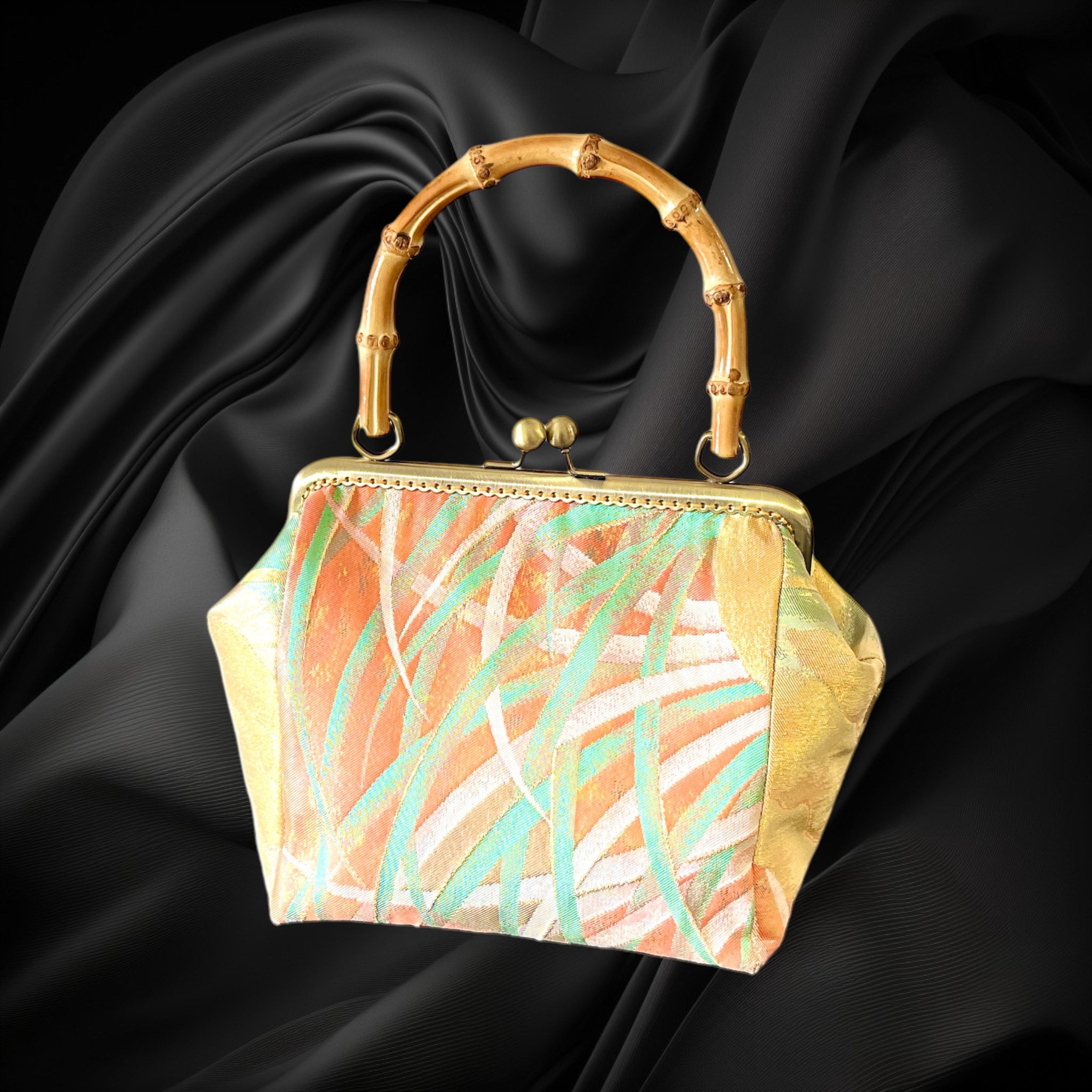 MUGIBAG*カフェオレ*絞り*がま口バッグ*バンブーバッグ*和装バッグ