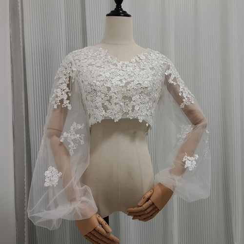 送料無料！ボレロ ロングスリーブ 美しい花レース Vネックドレス  