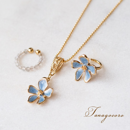 Creema限定＊ブルースターフラワーネックレス＊イヤーカフセット 