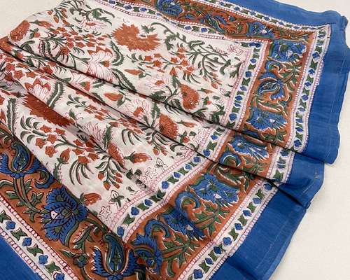 インド綿ブロックプリント ドゥパタ ブルーxブラウンフラワー