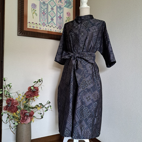 ☆ 着物リメイク/大島紬/一点もの/ロールカラーワンピ―ス