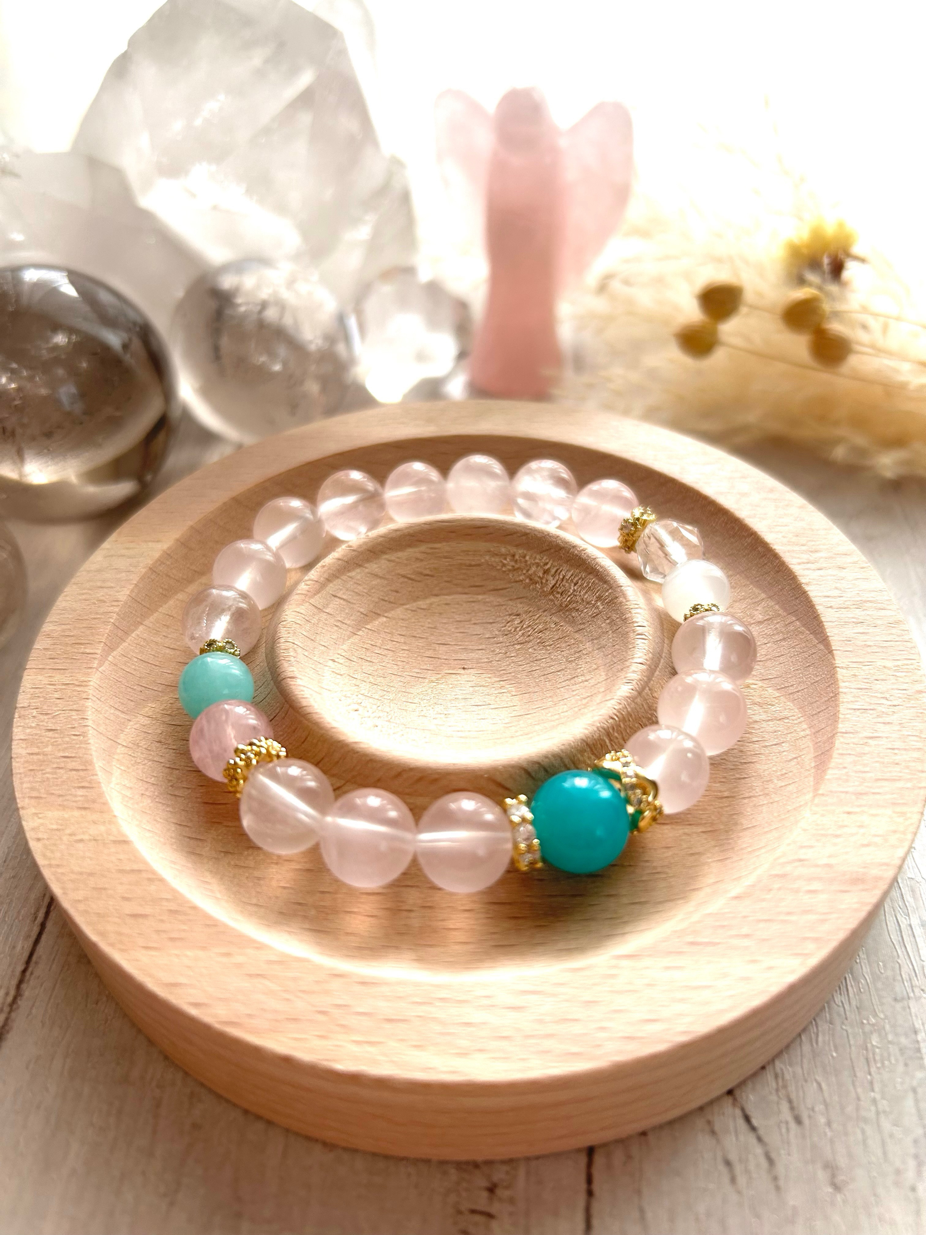 アマゾナイト 天然石ブレスレット ハンドメイド アマゾナイト&モルガナイト&ムーンストーン&ローズクォーツ&水晶