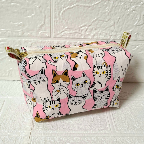 猫柄BOXファスナーポーチ コスメポーチ ハンドメイド 小物入れ