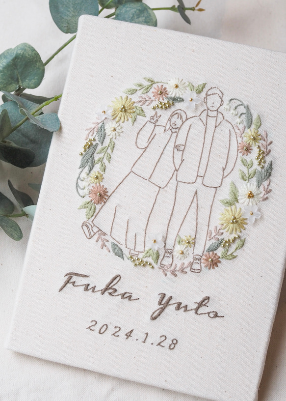 【wedding】ビーズと線画の刺繍ボード【オーダー】ウェディング　ウェルカムボード　結婚祝い　結婚式　刺繍パネル 1枚目の画像