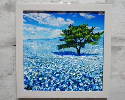 油絵 油彩 油彩画 絵 絵画 長方形ミニ絵画【ネモフィラの丘