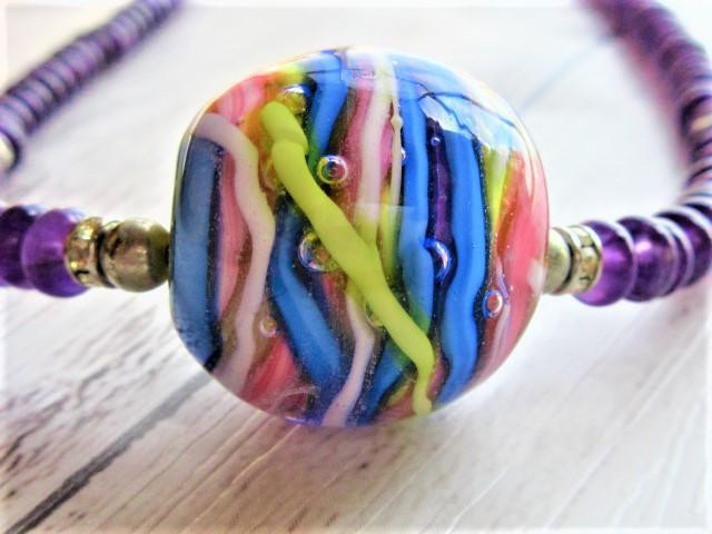 【C37】　ネックレス　とんぼ玉　アメジスト　和柄　泡流　青黄白　天然石　半貴石　天然石ビーズアクセサリー