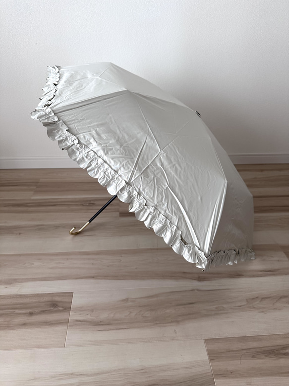日傘 雨傘 折りたたみ傘 骨6本 フリル 晴雨兼用 完全遮光 UVカット I/オフホワイト 2枚目の画像