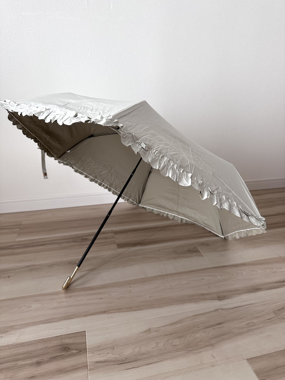 日傘 雨傘 折りたたみ傘 骨6本 フリル 晴雨兼用 完全遮光 UVカット I/オフホワイト 3枚目の画像