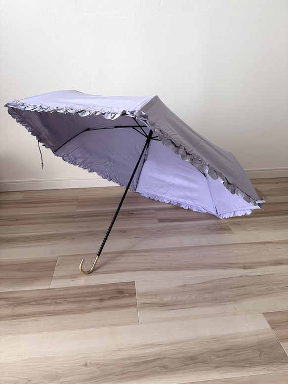 日傘 雨傘 折りたたみ傘 骨6本 フリル 晴雨兼用 完全遮光 UVカット I/パープル 3枚目の画像