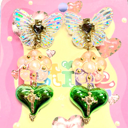 ココロオドル クロス カラフル ハート ピアス(pink green) ) 1枚目の画像