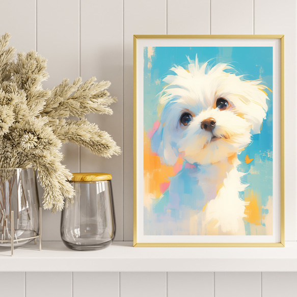 【蝶犬戯舞 - チワマル犬の子犬 No.3】春・蝶・子犬・アートポスター・犬の絵・犬の絵画・犬のイラスト 8枚目の画像
