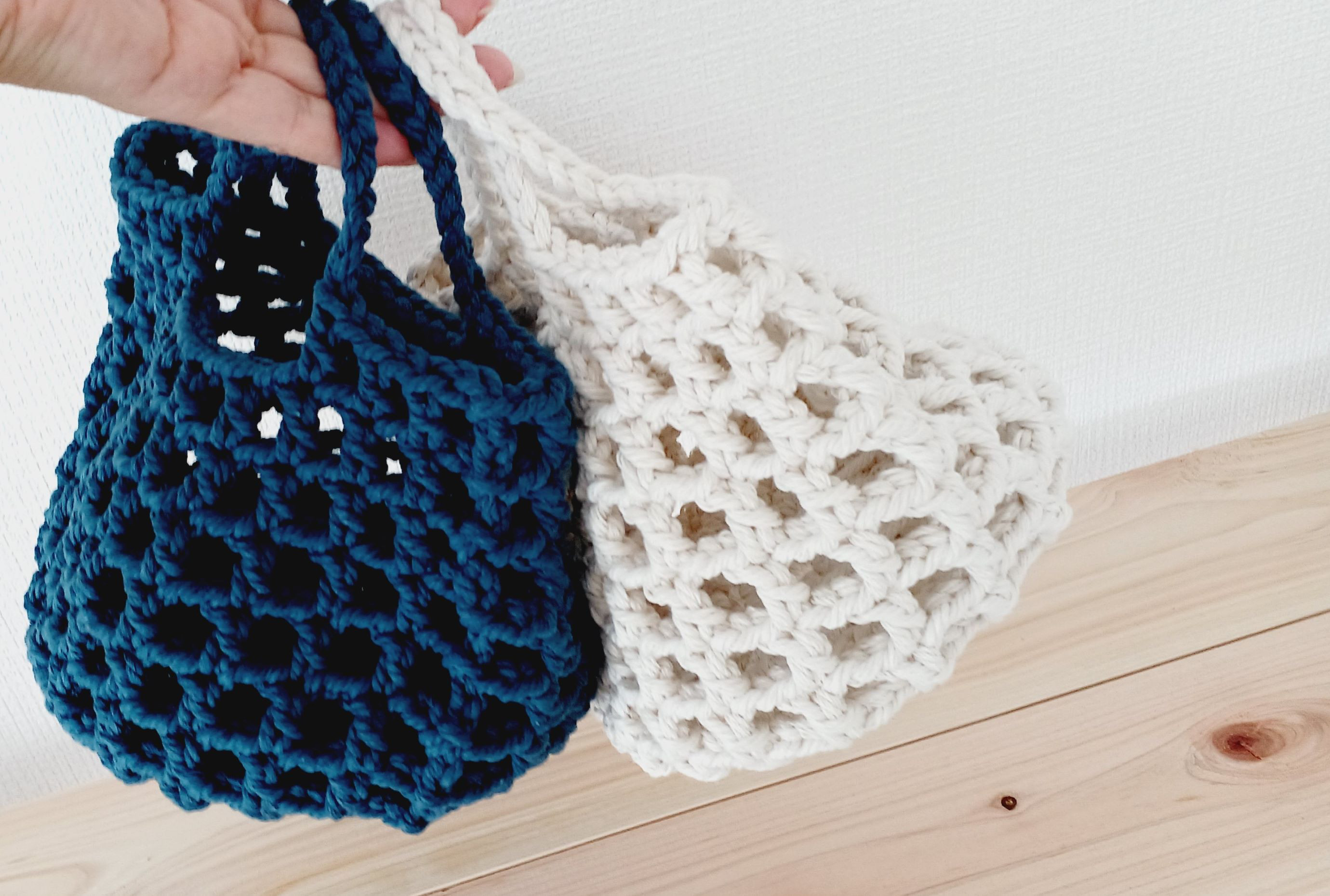 希少デニムヤーン♪ マクラメ✖️バンブー　麻紐　トートバッグ マクラメ✖️バンブー　麻紐　トートバッグ 希少デニムヤーン♪