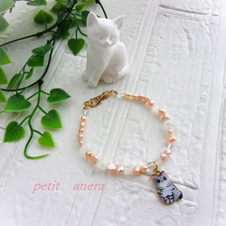 【ペット用アクセサリー】天然石♢ピンク♢淡水真珠♢猫チャームネックレス　Sサイズ 1枚目の画像