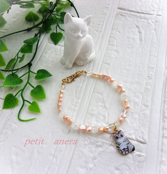 【ペット用アクセサリー】天然石♢ピンク♢淡水真珠♢猫チャームネックレス　Sサイズ 1枚目の画像