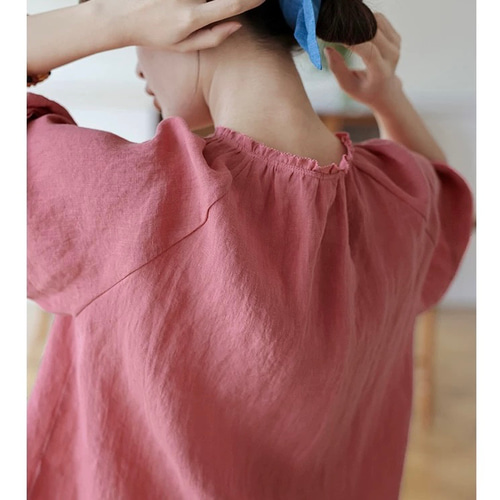 肌映え大人かわいいピンク リネンのブラウス フリルカラー【春秋夏