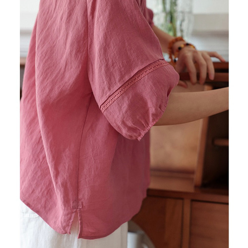 肌映え大人かわいいピンク リネンのブラウス フリルカラー【春秋夏