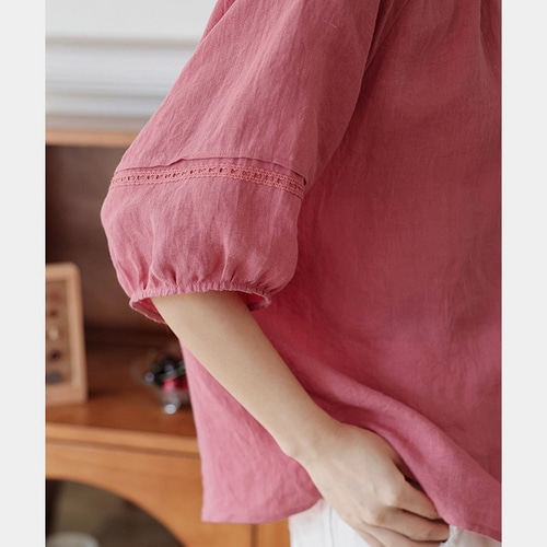 肌映え大人かわいいピンク リネンのブラウス フリルカラー【春秋夏