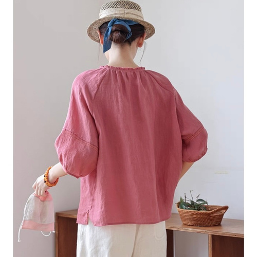 肌映え大人かわいいピンク リネンのブラウス フリルカラー【春秋夏