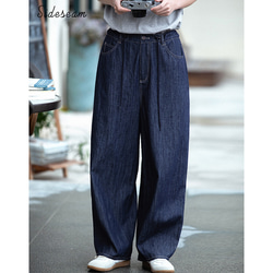 ワイドデニムパンツ ゴムウエストジーパン ワイドパンツ 100%コットン