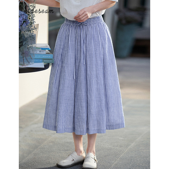 ストライプ柄スカート　ゴムウエストスカート　100%コットンスカート　S-Mサイズ　S261 1枚目の画像