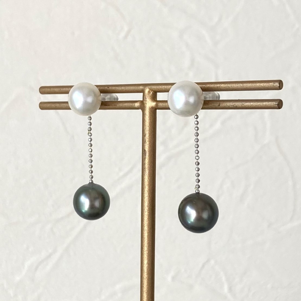 6月の誕生石 あこやと黒蝶パールの2WAYピアス K14WG【PI0152】