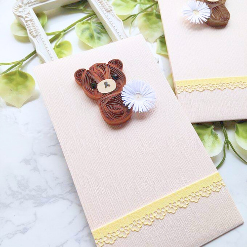 ポチ袋/ハンドメイド/クイリング/ ワンタッチで封が出来る、可愛いクイリングぽち袋☆2枚組 くま いぬ