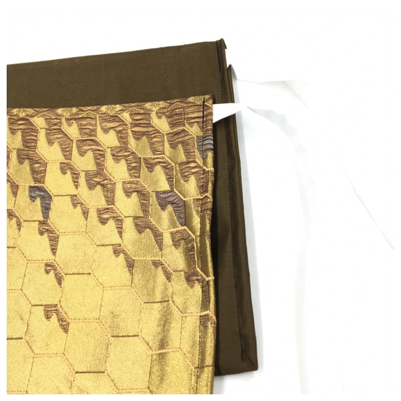 正絹　袋帯 　金茶　幾何学模様　二部式　二重太鼓　作り帯　　 6枚目の画像