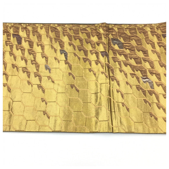 正絹　袋帯 　金茶　幾何学模様　二部式　二重太鼓　作り帯　　 5枚目の画像