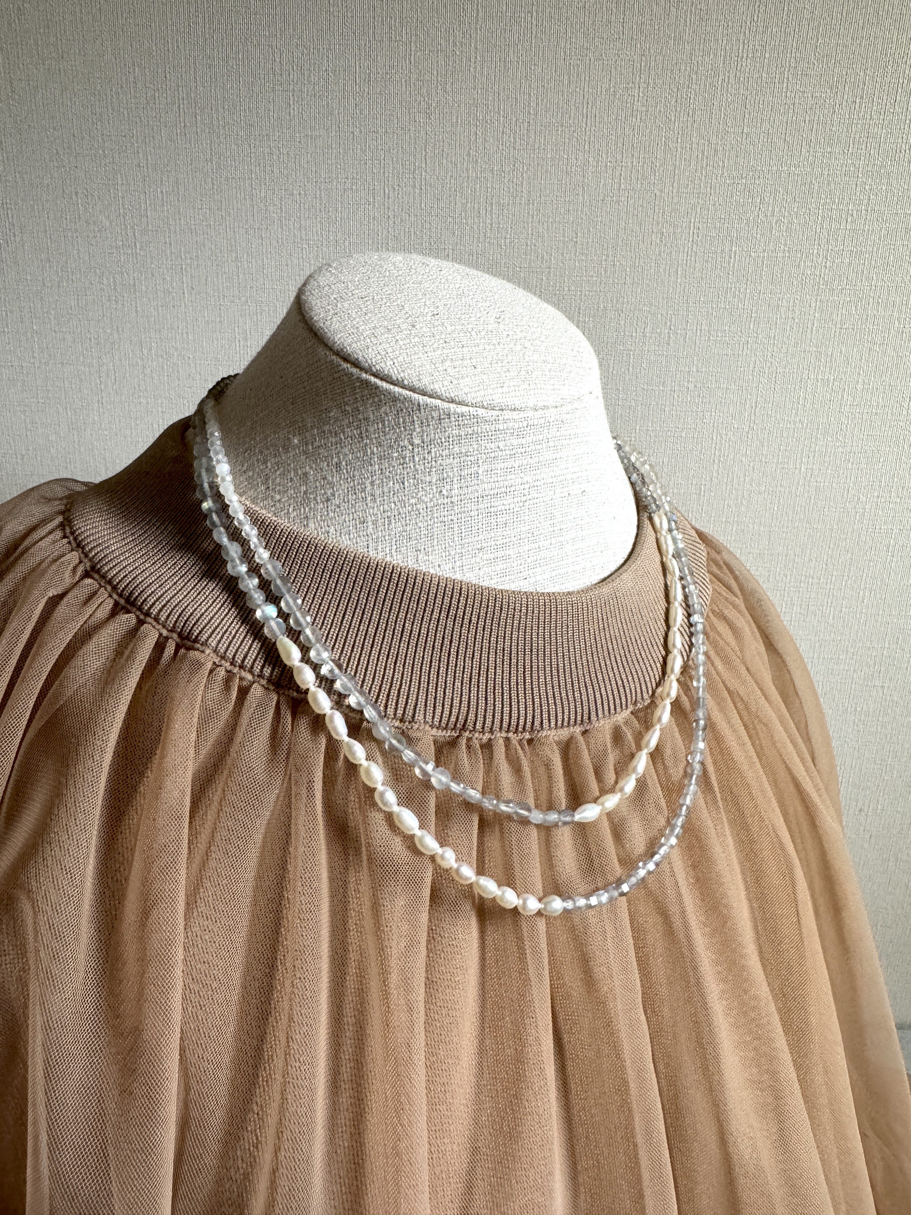 淡水パールとラブラドライトのロングネックレス　＊オールノット仕立て