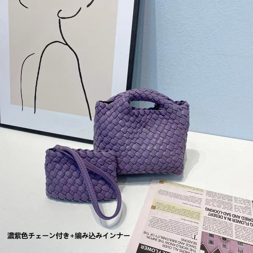 イントレチャートスタイルの】編み手作りのミニバッグ、ハンドル付きの