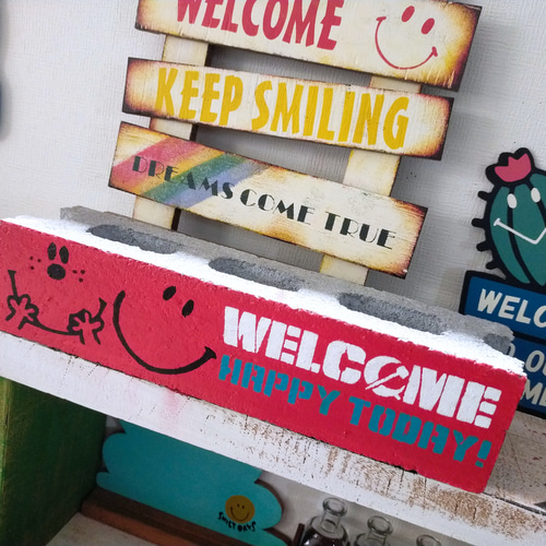 長ブロックインテリアお庭ににこちゃんピーコックブルーWELCOME