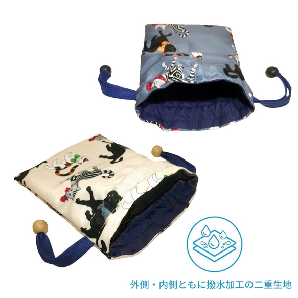 撥水加工で汚れにくい 猫のプリントがかわいい 巾着ミニポーチ●日本製● 3枚目の画像