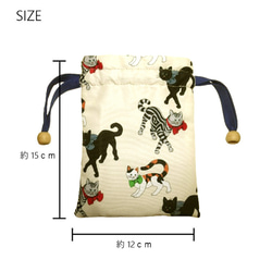 撥水加工で汚れにくい 猫のプリントがかわいい 巾着ミニポーチ●日本製● 2枚目の画像