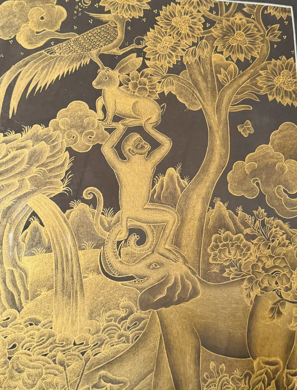 ゴールド　手書き  曼陀羅 タンカ　象　猿　ウサギ　キジ 1枚目の画像