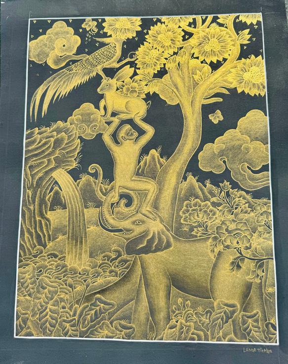 ゴールド　手書き  曼陀羅 タンカ　象　猿　ウサギ　キジ 2枚目の画像