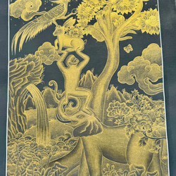 ゴールド　手書き  曼陀羅 タンカ　象　猿　ウサギ　キジ 4枚目の画像