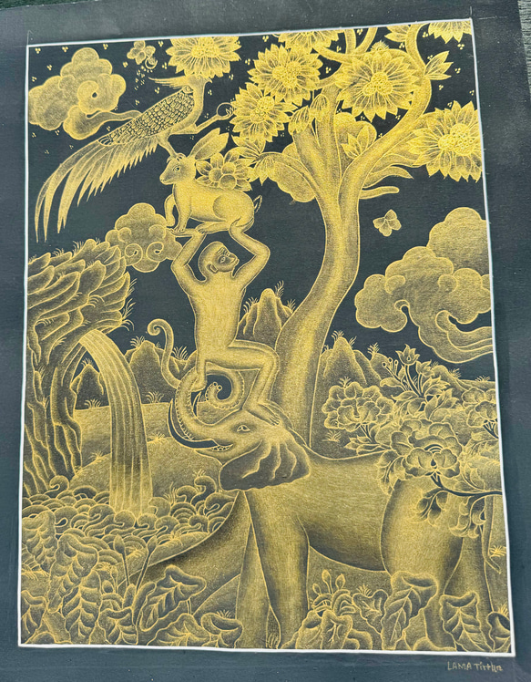 ゴールド　手書き  曼陀羅 タンカ　象　猿　ウサギ　キジ 4枚目の画像