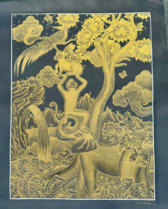ゴールド　手書き  曼陀羅 タンカ　象　猿　ウサギ　キジ 3枚目の画像