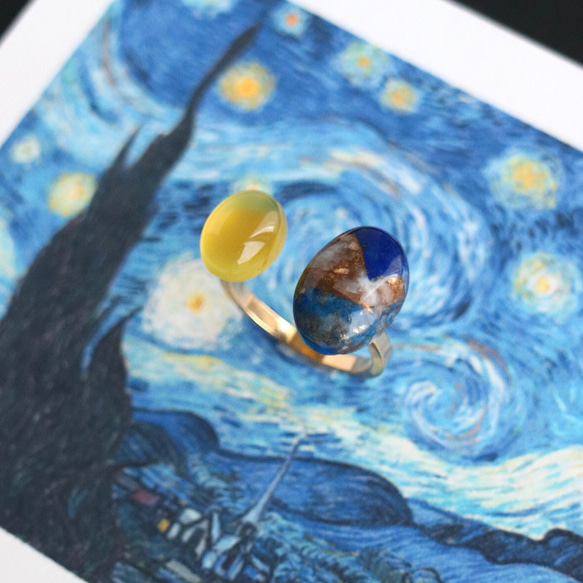 ゴッホ『 星月夜』ラピスラズリ × カルセドニー　お守り絵画リング 3枚目の画像