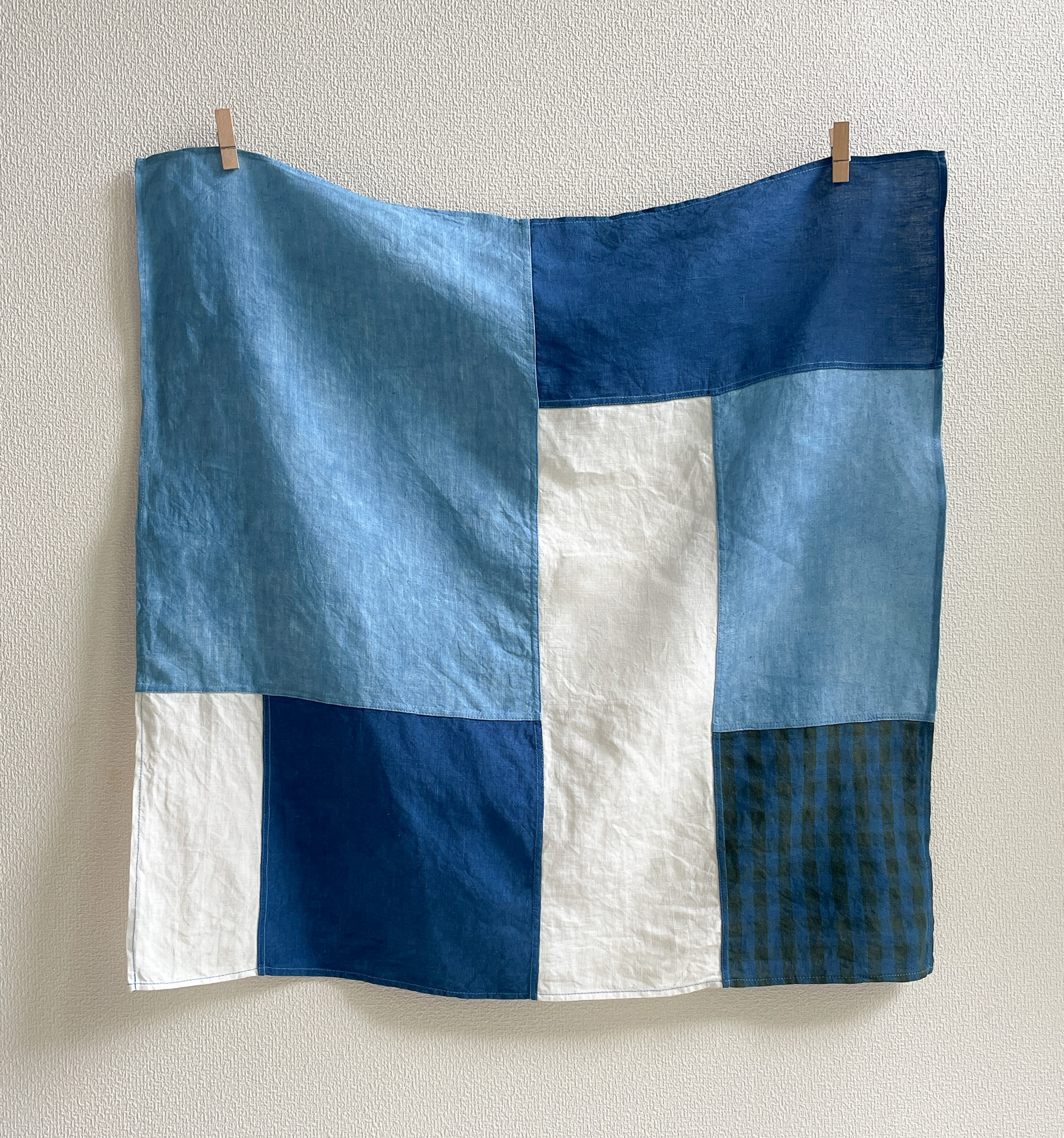 送料無料 一点もの　藍染リネンパッチワークスカーフ　ストール
