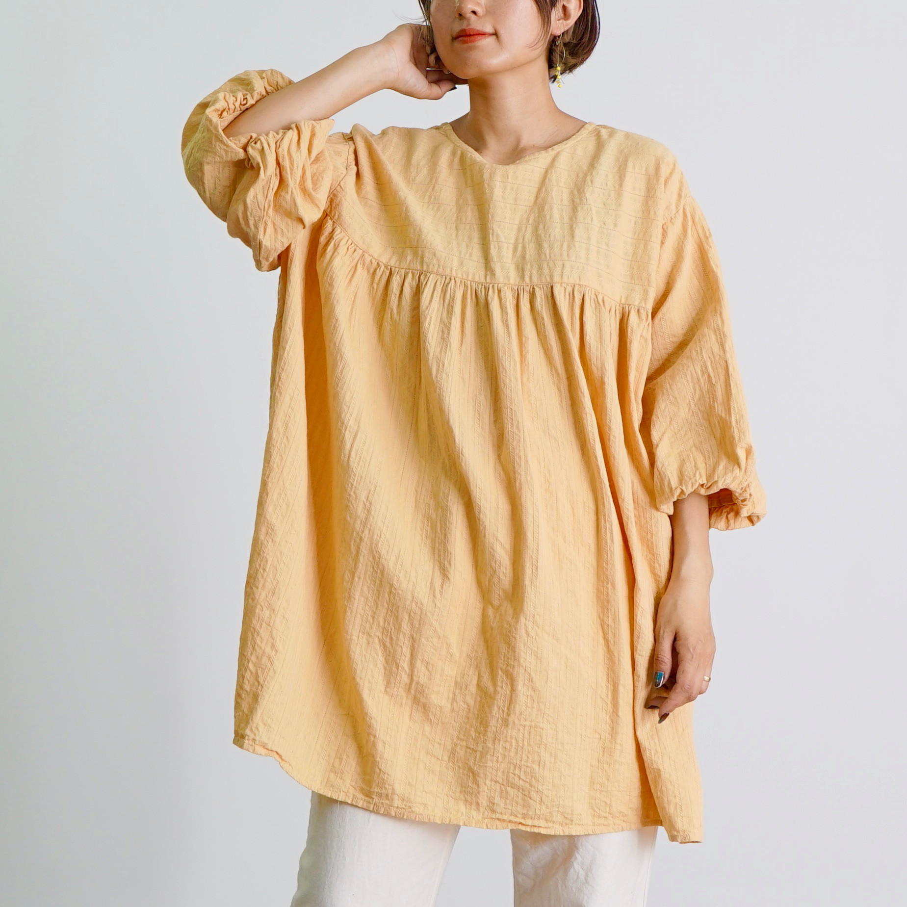 2wayバルーンスリーブチュニック/ライトオレンジ/絡み織ストライプ