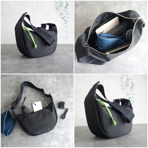 （全33色から選べる引き手）コンパクトで大容量!丸型ハーフムーン お出掛けショルダーバッグ 撥水ナイロン 2way 黒 3枚目の画像