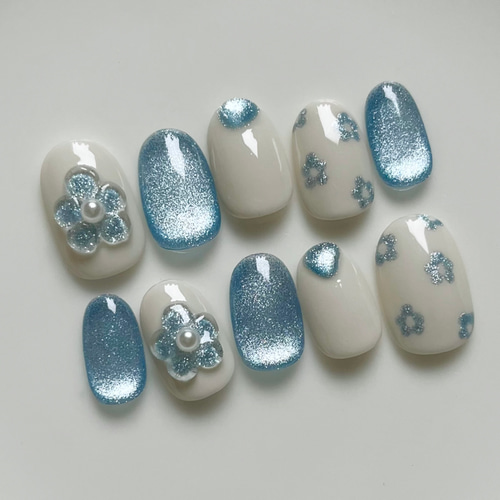人気デザイン ネイルチップ ブルー 青 マグネット ぷっくり フラワー