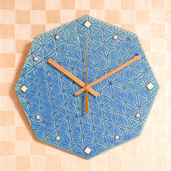 【壁掛け時計 八角形 麻の葉模様 天色ターコイズブルー】ギフト 陶器 時計 贈り物 おすすめ トルコブルー 木目 静か 2枚目の画像